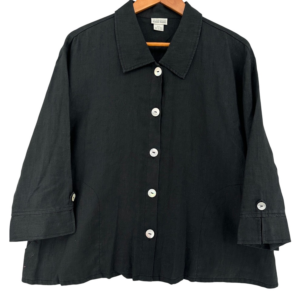 VTG Nomadic Traders Womens Large Linen Button Shirt Black Long Sleeve Minimalist